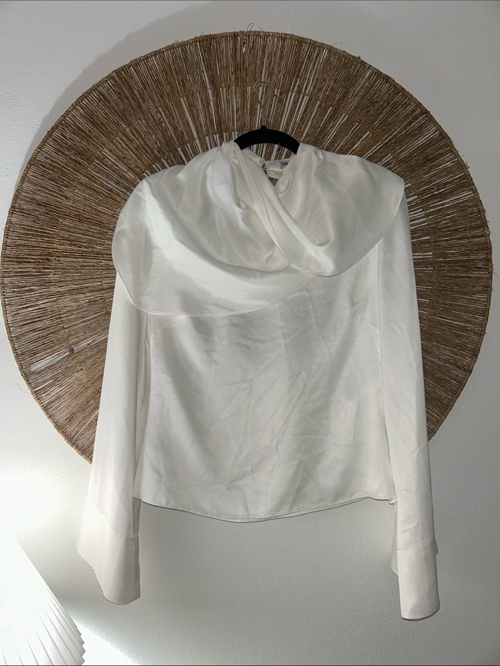 Zara White Draped Collar Long-Sleeve Blouse